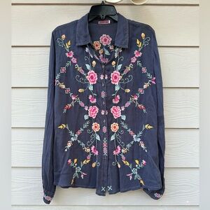 Johnny Was Navy Floral Embroidered Blouse